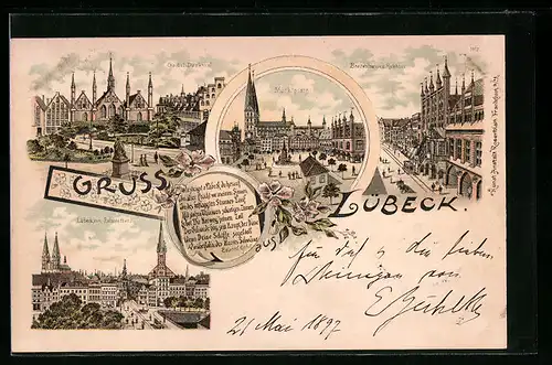 Lithographie Lübeck, Marktplatz, Geibel-Denkmal und Rathaus
