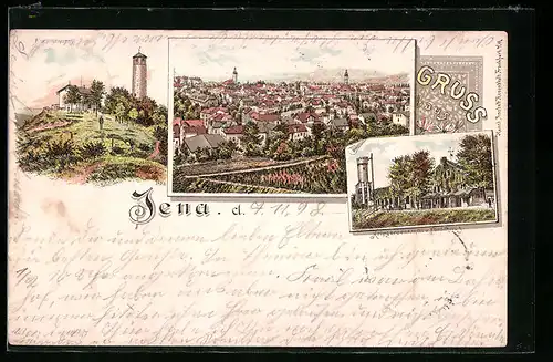 Lithographie Jena, Kriegerdenkmal und Forsthaus, Fuchsthurm