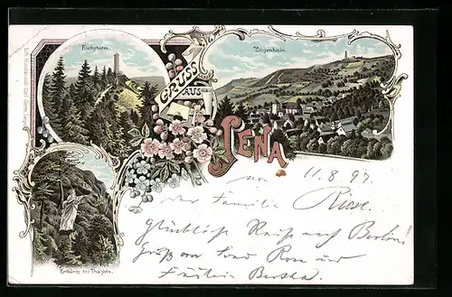 Lithographie Jena, Panorama, Ziegenhain, Fuchsturm & Erlkönig