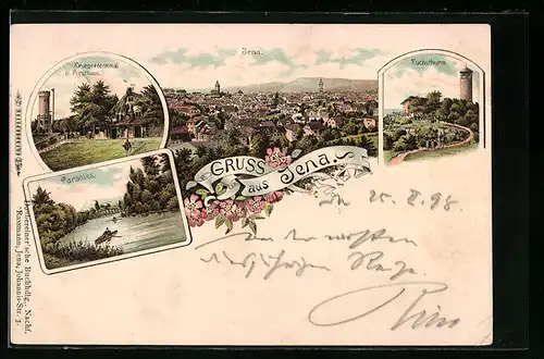 Lithographie Jena, Kriegerdenkmal und Forsthaus, Fuchsthurm, Paradies