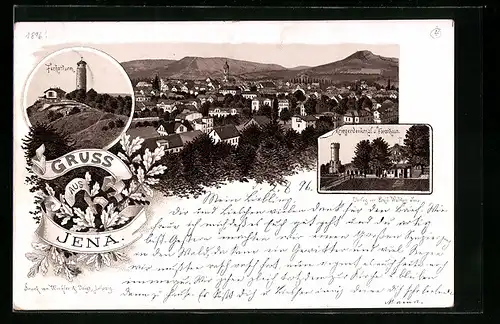 Lithographie Jena, Kriegerdenkmal und Forsthaus, Fuchsthurm