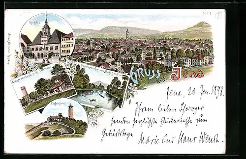 Lithographie Jena, Rathaus, Kriegerdenkmal, Forsthaus