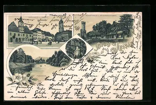 Lithographie Jena, Forsthaus und Kriegerdenkmal, Marktplatz mit Rathaus, Paradies