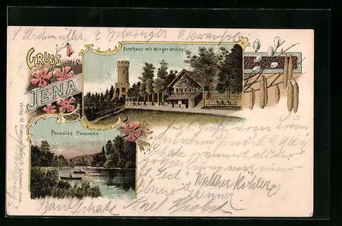 Lithographie Jena, Forsthaus mit Kriegerdenkmal, Paradies Panorama