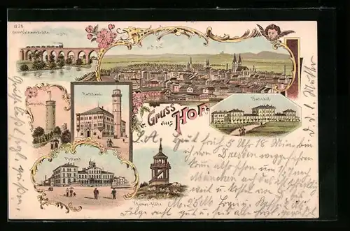 Lithographie Hof, Unterholzauerbrücke, Totalansicht, Bahnhof, Thomas-Höhe