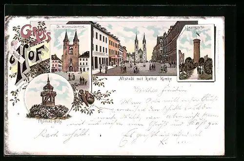 Lithographie Hof, St. Michaelskirche, Thomas-Höhe, Altstadt mit kath. Kirche, Labyrinth