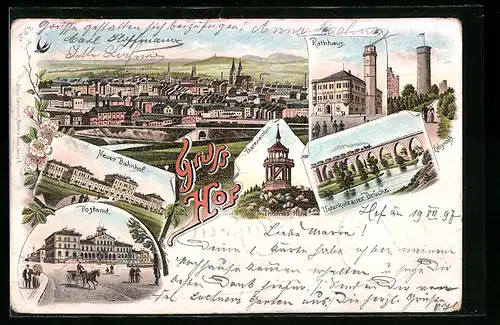 Lithographie Hof, Neuer Bahnhof, Postamt, Rathaus, Unterkotzauer Brücke