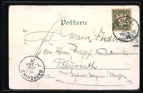 Lithographie Hof, Neuer Bahnhof, Postamt, Rathaus, Unterkotzauer Brücke