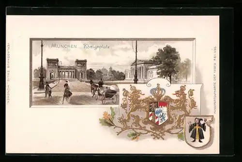 Passepartout-Lithographie München, Königsplatz mit Kutsche, Wappen, Kindl