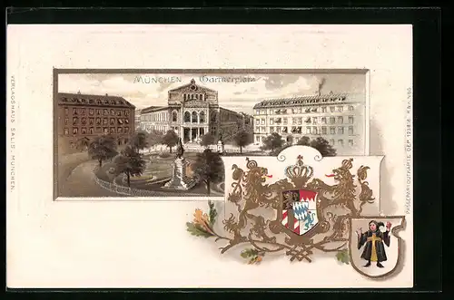 Passepartout-Lithographie München, Gärtnerplatz und Münchner Kindl, Wappen