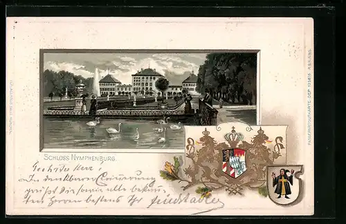 Lithographie München-Nymphenburg, Partie am Schloss, Wappen