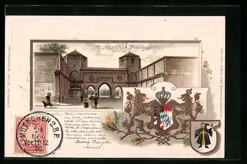 Passepartout-Lithographie München, Sendlingerthor, Wappen und Münchner Kindl