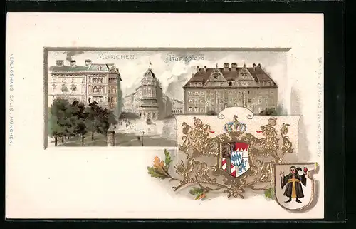 Passepartout-Lithographie München, Karlsplatz mit geprägtem Wappen
