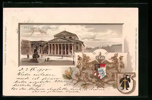 Passepartout-Lithographie München, Hoftheater mit Denkmal, Wappen