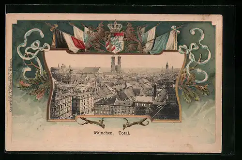 Passepartout-Lithographie München, Totalansicht, Wappen