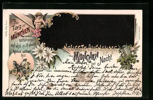 Lithographie München, Bei Nacht, Edelweiss, Engelchen