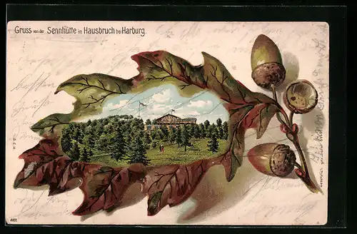 Passepartout-Lithographie Hamburg-Hausbruch, Gasthaus Sennhütte, Eichenblatt