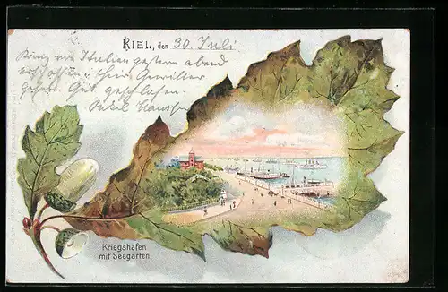 Passepartout-Lithographie Kiel, Kriegshafen mit Seegarten im Eichenblattrahmen