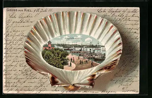 Passepartout-Lithographie Kiel, Kriegshafenansicht, Sicht durch eine Muschel
