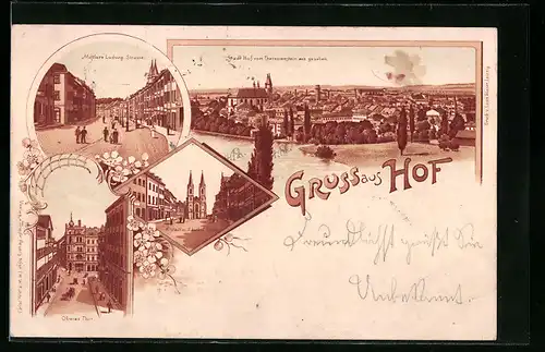 Lithographie Hof, Oberes Thor, Ortsansicht vom Theresienstein aus