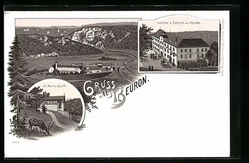 Lithographie Beuron, Gasthof zum Pelikan, St. Maurus Kapelle, Hirsch