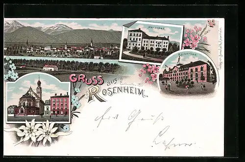 Lithographie Rosenheim, Ansicht Marienbad und Kaiserbad, Edelweiss