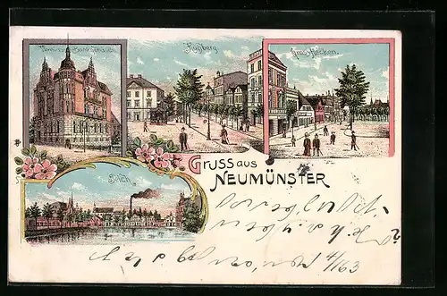 Lithographie Neumünster, Vereins-Bankgebäude, Kuhberg, Grossflecken, Teich