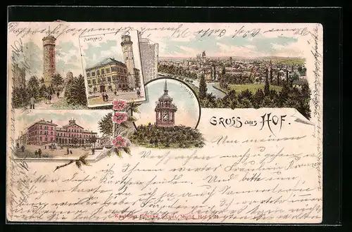 Lithographie Hof, Rathaus, Labyrinth und Thomashöhe