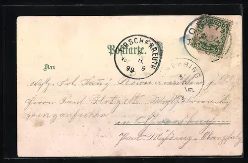 Lithographie Hof, Rathaus, Labyrinth und Thomashöhe