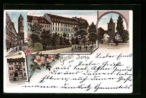Lithographie Jena, Burgkeller, Zur Rose, Universität, Affenturm
