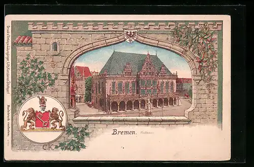 Lithographie Bremen, Rathaus und Wappen