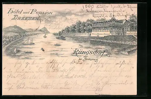 Lithographie Rüngsdorf a. Rh., Hotel und Pension Dreesen, Dampfer