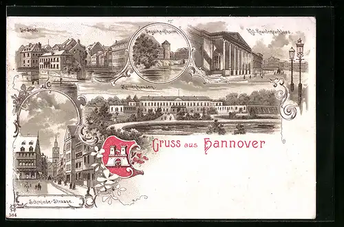 Lithographie Hannover, Schmiede-Strasse, Kgl. Residenzschloss, Beguinenturm