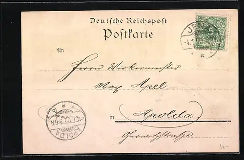 Lithographie Jena, Marktplatz mit Bismarckbrunnen, Totalansicht, Burschenschafts-Denkmal