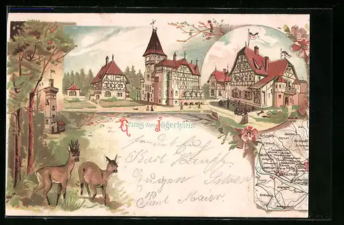 Lithographie Esslingen, Jägerhaus, Landkarte