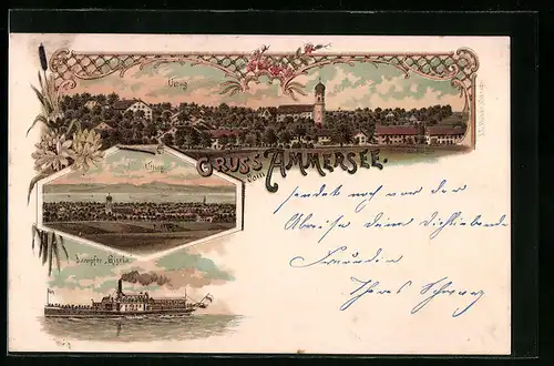 Lithographie Utting, Dampfer Gisela, Ortsansicht mit Kirche