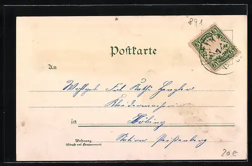 Lithographie Utting, Dampfer Gisela, Ortsansicht mit Kirche