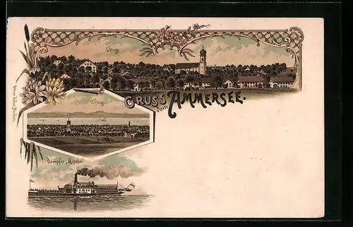 Lithographie Utting am Ammersee, Dampfer Gisela, Ortsansichten aus der Vogelschau
