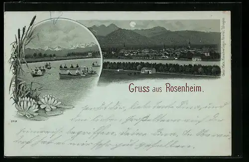 Lithographie Rosenheim, Ruderboote auf dem Fluss, Panoramablick auf Ort und Berge