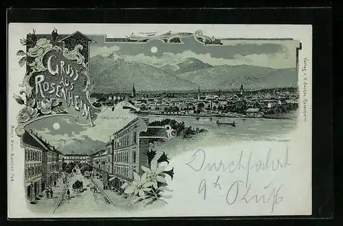 Lithographie Rosenheim, Totalansicht aus der Vogelschau, Bahnhofstrasse
