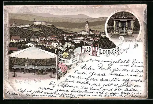 Lithographie Bad Wildungen, Teilansicht, Georg Viktor Quelle, Helenen-Quelle