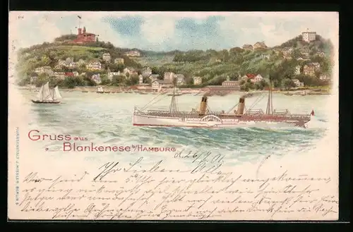 Lithographie Blankenese bei Hamburg, Ortsansicht mit Elbdampfer