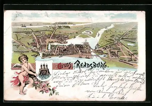 Künstler-AK Rendsburg, Ortsansicht, Engel mit Wappen