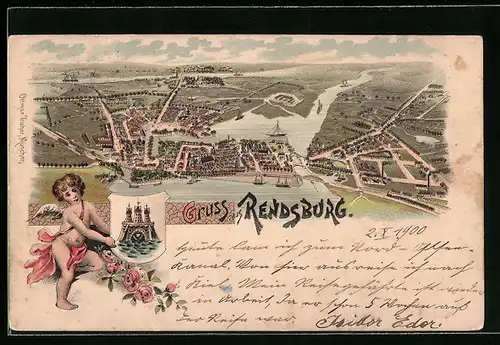Lithographie Rendsburg, Panorama und Cuoido mit Wappen