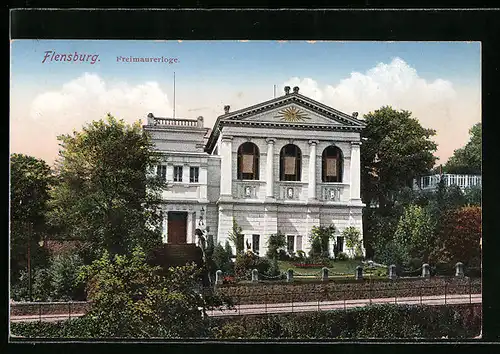 AK Flensburg, Gebäude der Freimaurerloge im Abendlicht