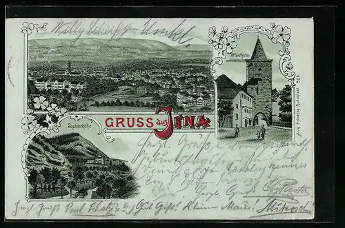 Lithographie Jena, Affenturm, Sophienhöhe, Ortsansicht