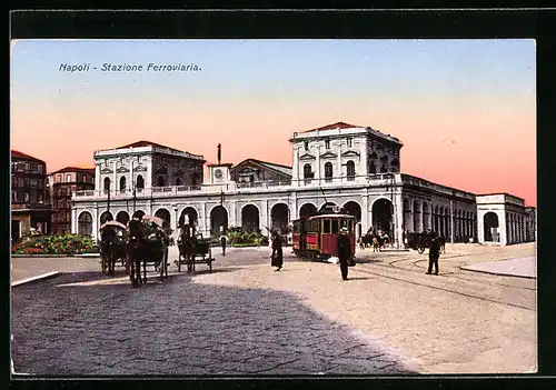 AK Napoli, Stazione Ferroviaria, Bahnhof, Strassenbahn, Pferdekutsche