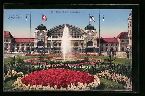 AK Basel, Bundesbahnhof mit Springbrunnen-Anlage