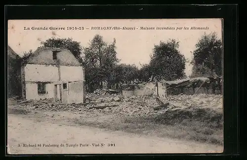 AK Romagny, Maisons incendiées par les Allemands
