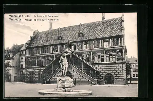 AK Mülhausen i. E., Rathaus mit Monument